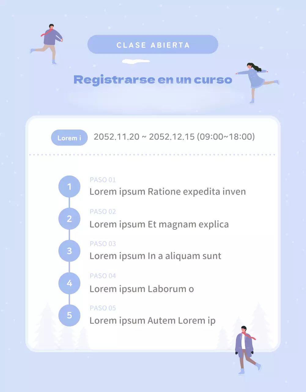 Guía de clases de patinaje de invierno en morado y blanco