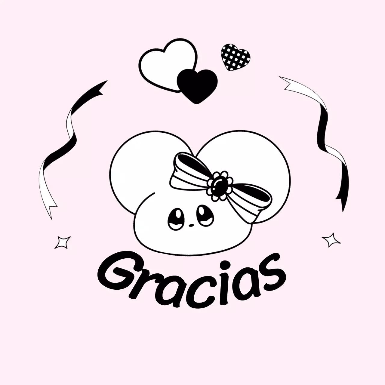 Mercancía de agradecimiento con un simpático personaje de ratón rosa y negro.