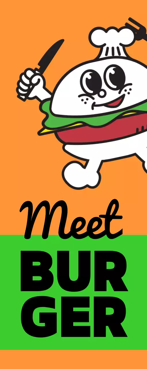 Unique storefront signage with colorful, multicolored Meat Burger text and cute burger characters