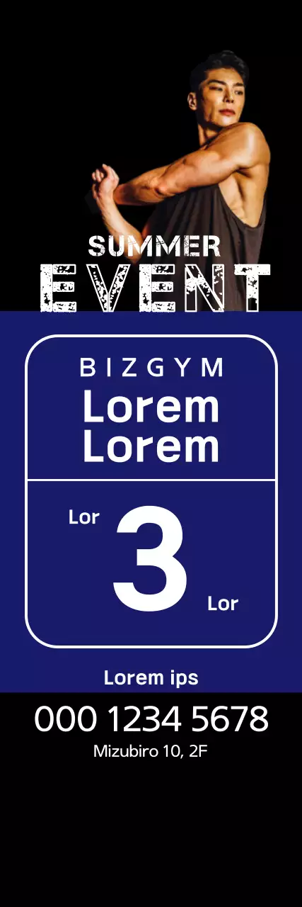 Spanduk acara musim panas dengan kotak biru dan pria yang sedang berolahraga dengan latar belakang hitam
