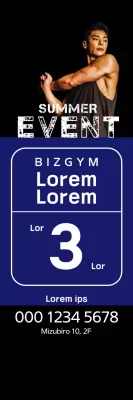 Spanduk acara musim panas dengan kotak biru dan pria yang sedang berolahraga dengan latar belakang hitam