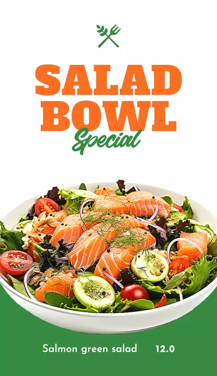 Fresh salad menu signage with orange green yellow salad bowl menu related text and logo illustration