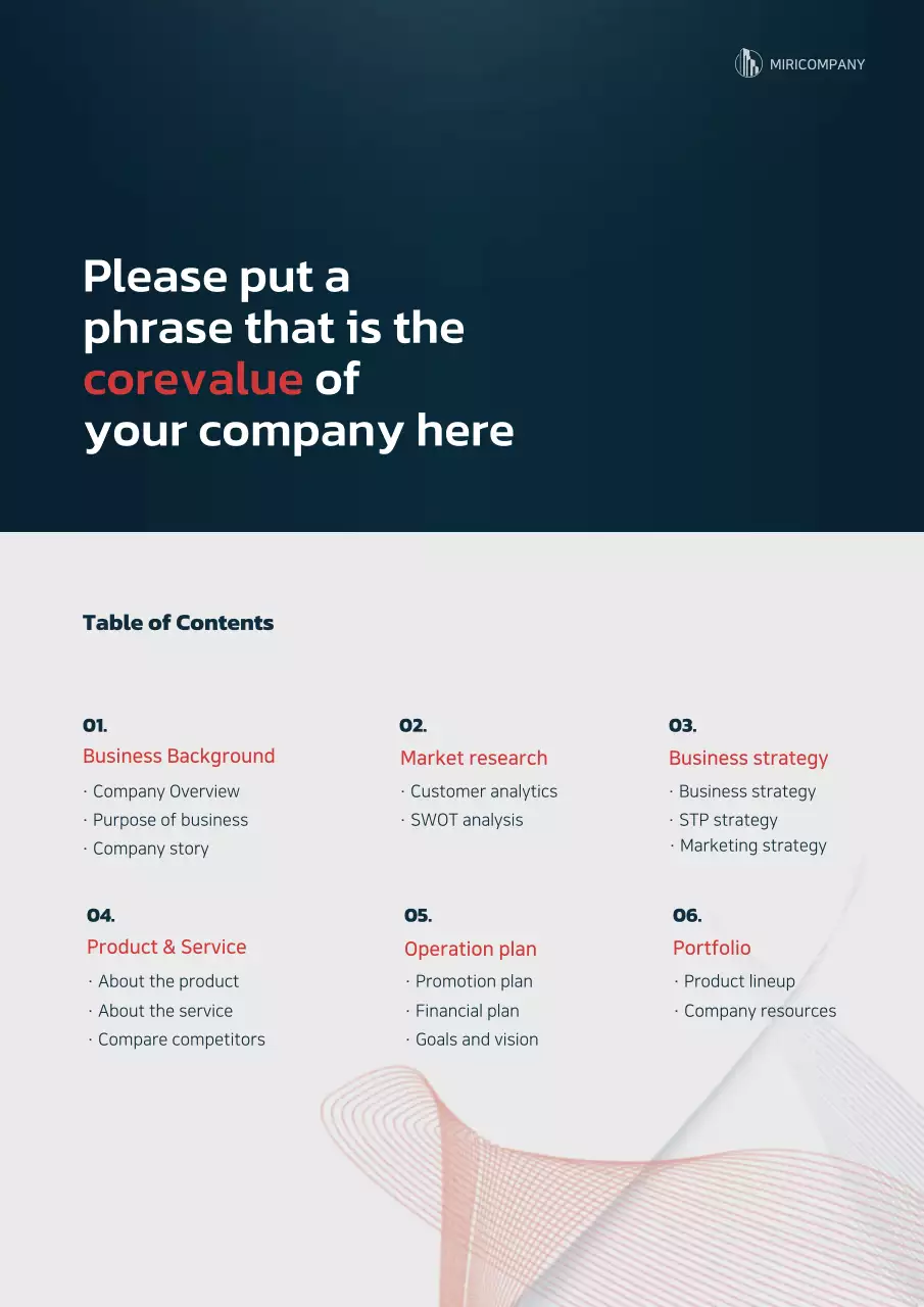 Graphic concept business plan with navy blue and red colors