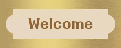 Simple signage with a beige and brown storefront welcome and shapes