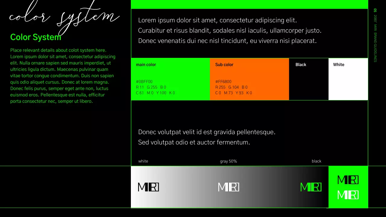 Brand identity guidelines in a lime green and black grid format