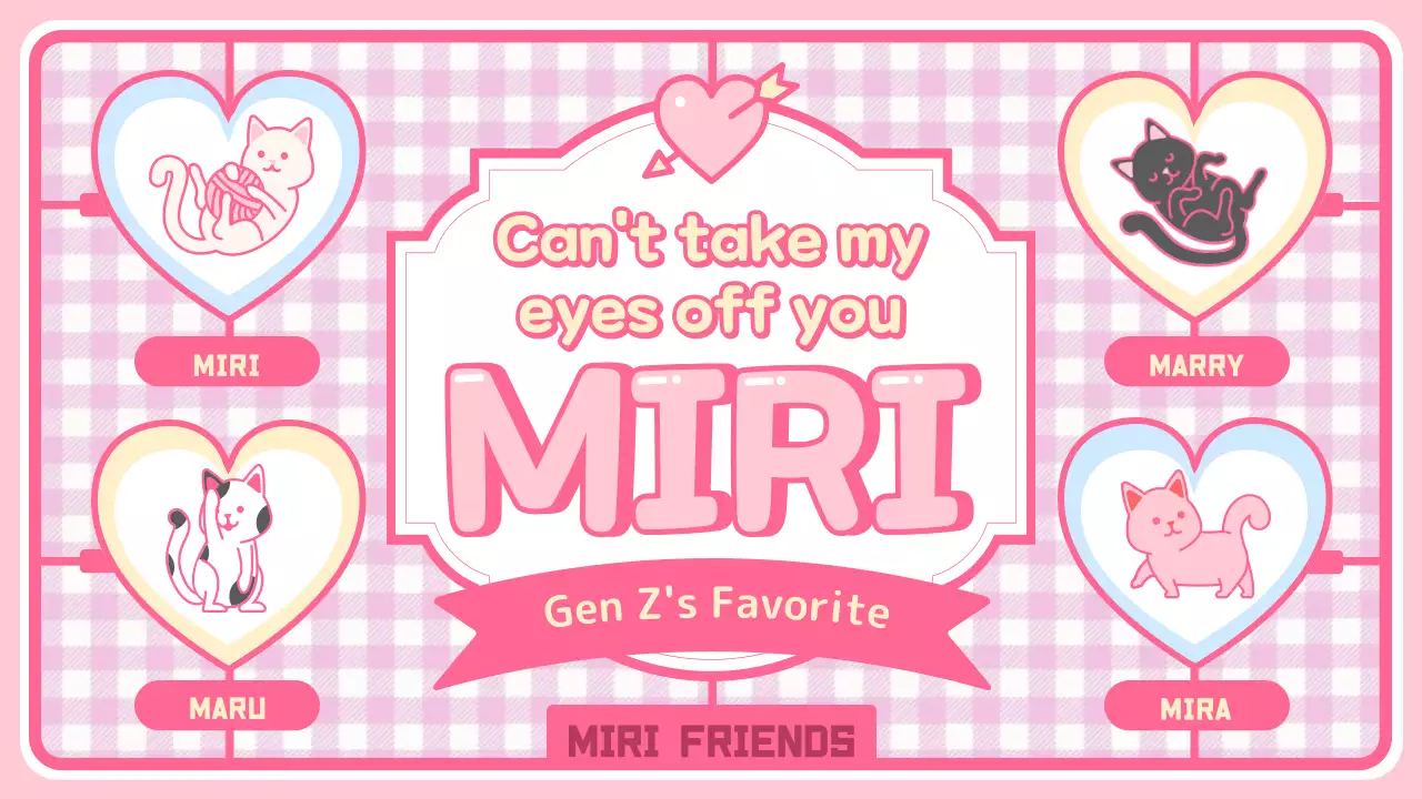 An introductory page with cute characters and merchandise on a pink checkered background