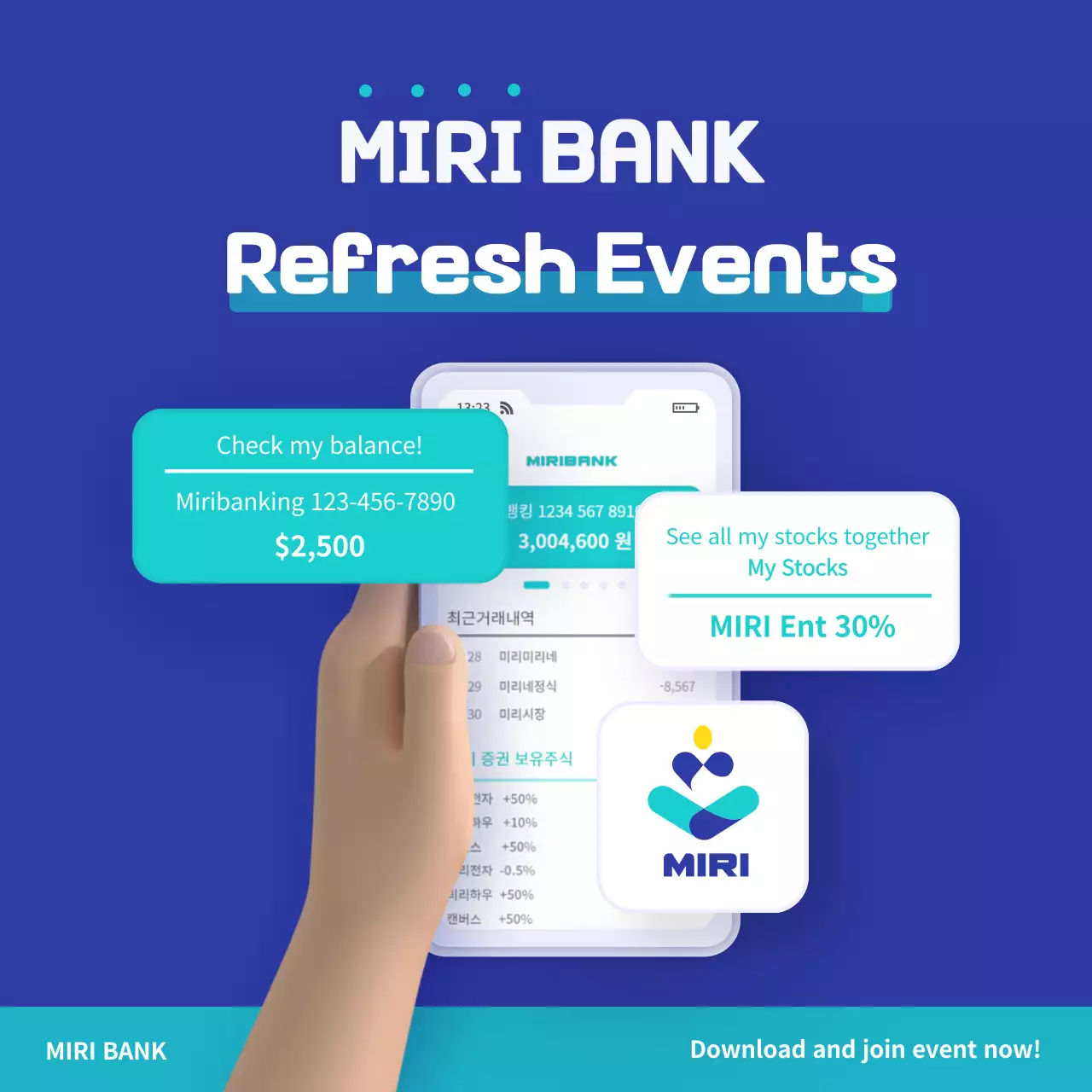 Blue and mint colored 3D illustration of a person holding a financial app event cell phone.