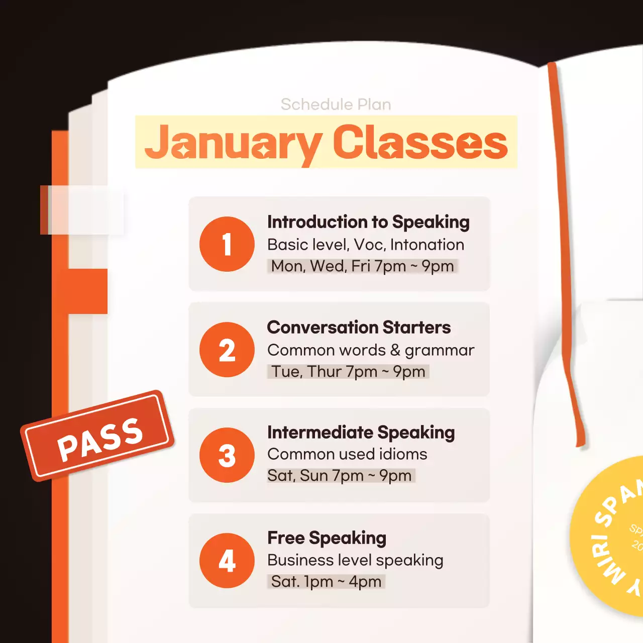 orange yellow brown book illustration english academy publicity card news