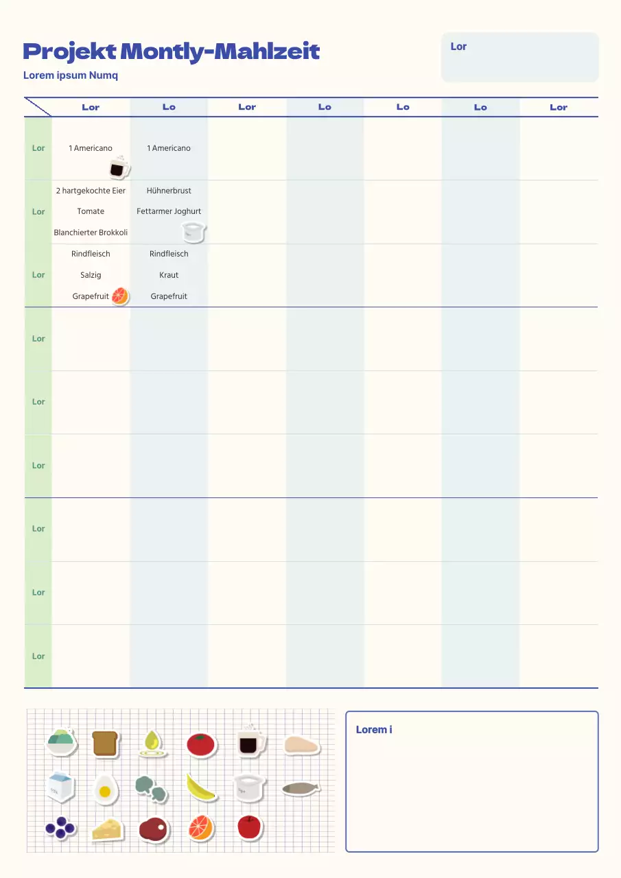 Ein einfaches Ernährungstagebuch in Elfenbein und Hellblau.