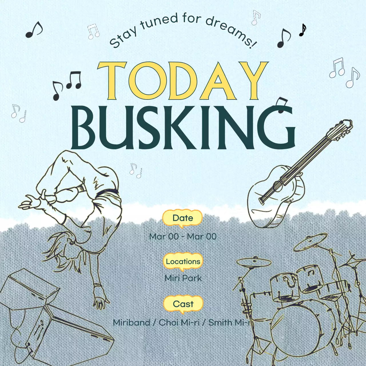 블루 레트로 버스킹 이벤트 소셜 미디어 게시물