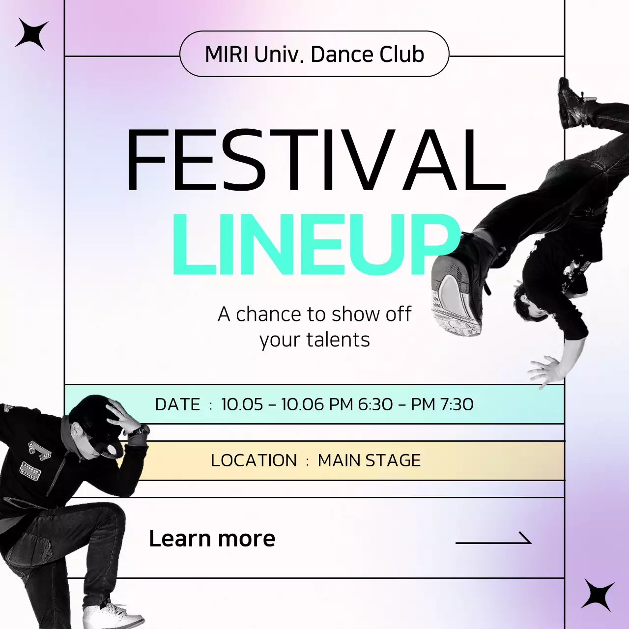 Announcing the dance club's performance lineup with a pop of mint and purple