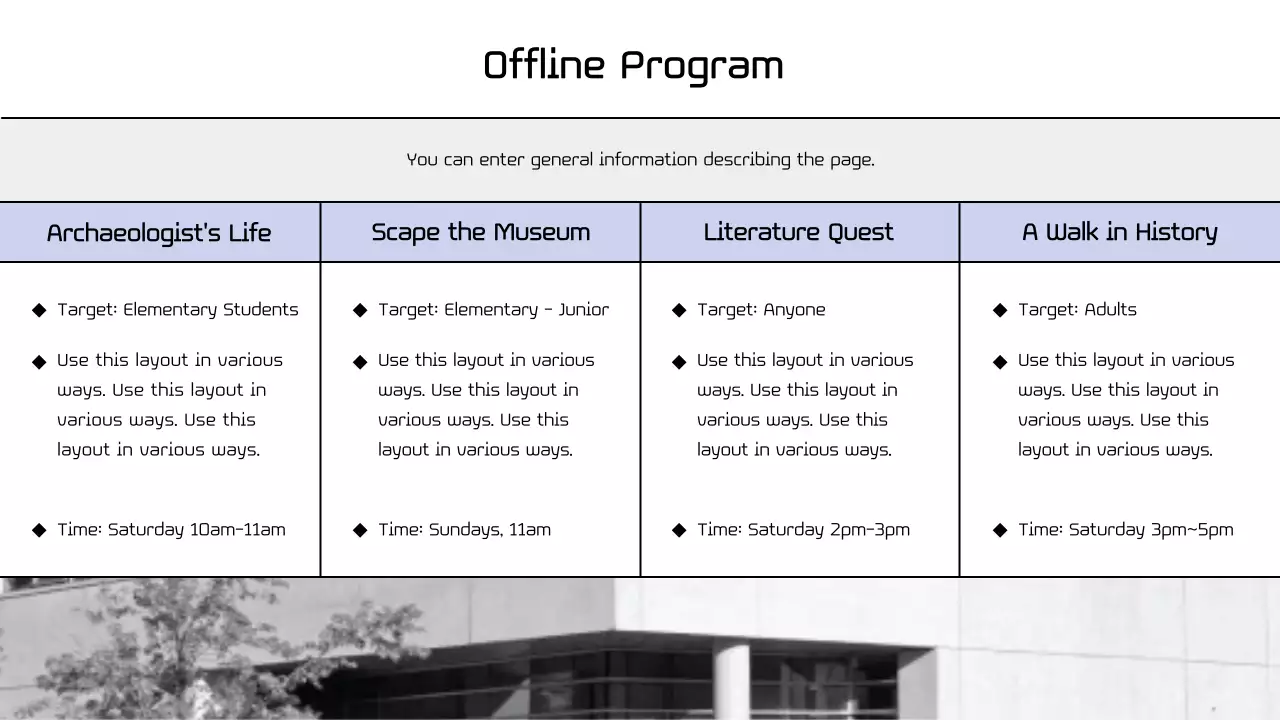 Planning a modern museum program in black and purple