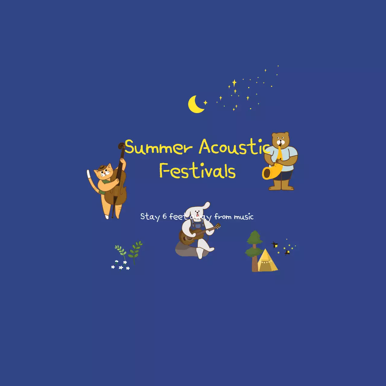 A festival promotion with illustrations of various animals in the night sky playing musical instruments.