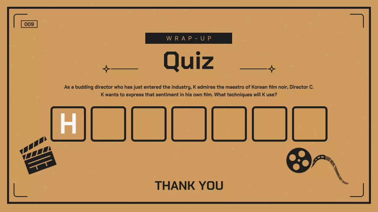 Clean cinematic terminology classroom with a black and orange camera feel