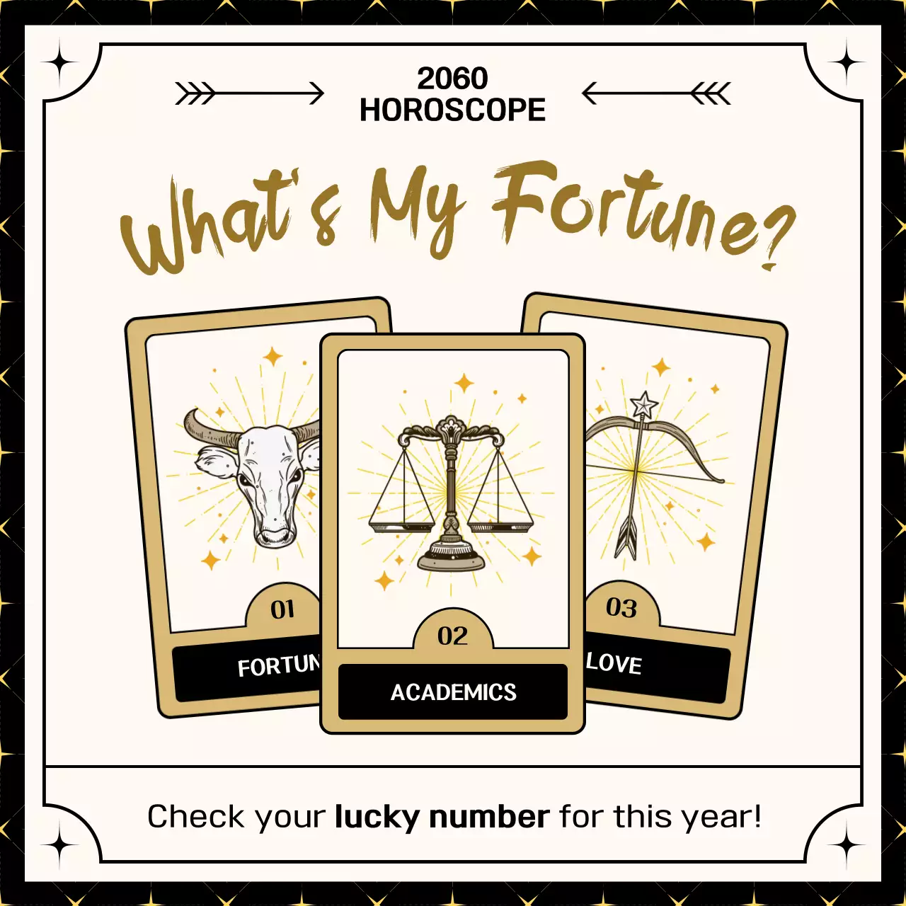 New Year horoscope view of gold beige tarot card line illustration concept