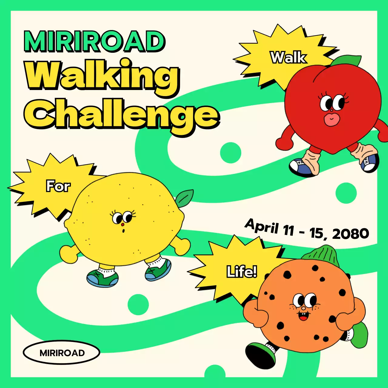 Fluorescent chartreuse kitschy fruit illustration character spring walking challenge walking challenge