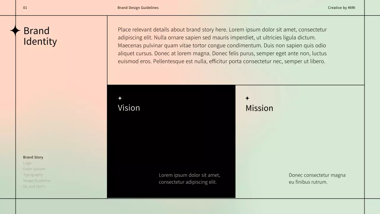 Simple brand design guidelines using a black line motif on a pastel background