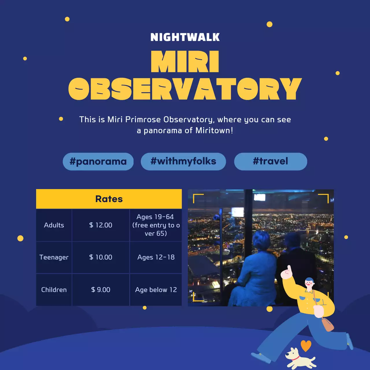 Introducing the Navy and Yellow Night Stroll attraction