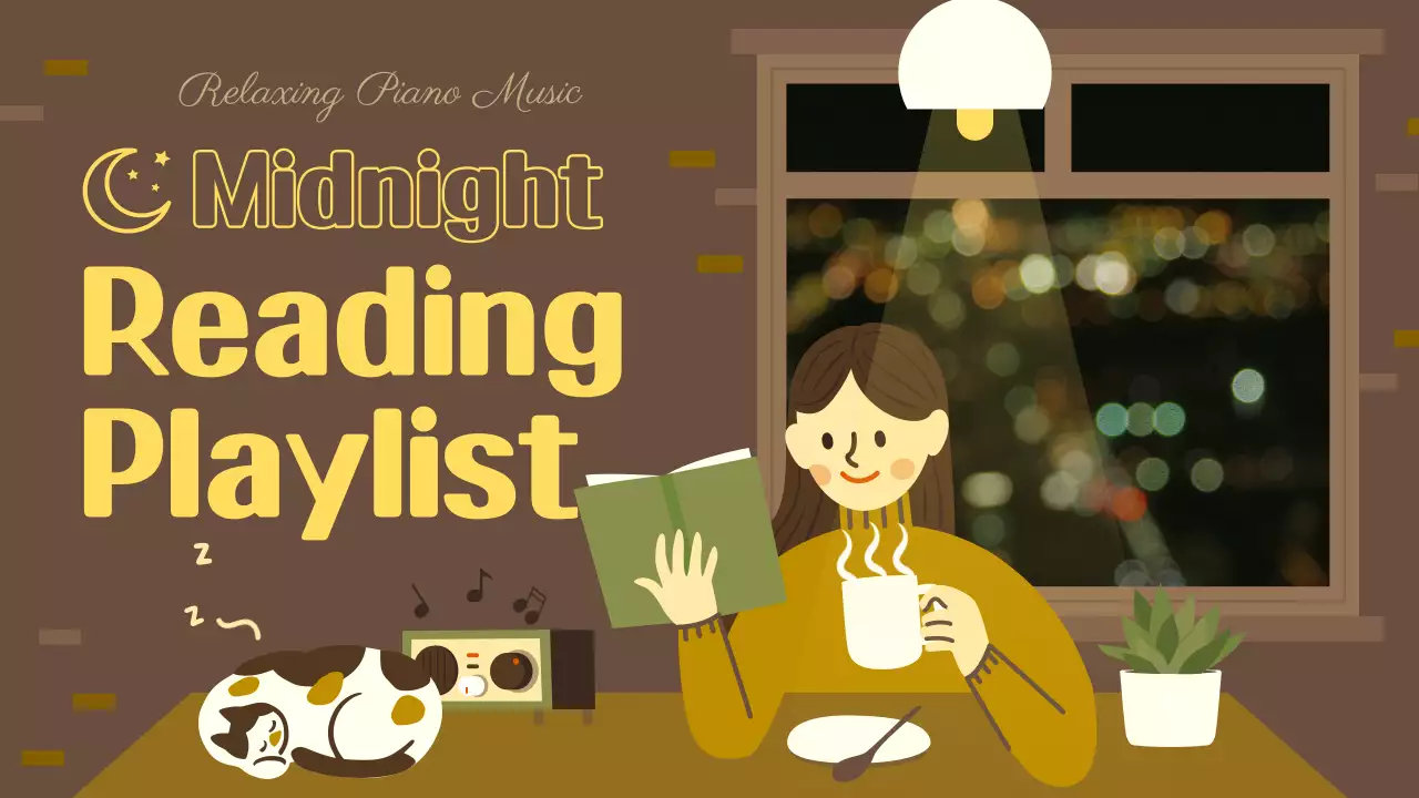 갈색 노란색 깔끔한 일러스트와 뿌연 조명 동영상 컨셉의 독서할 때 듣는 플레이리스트 테마