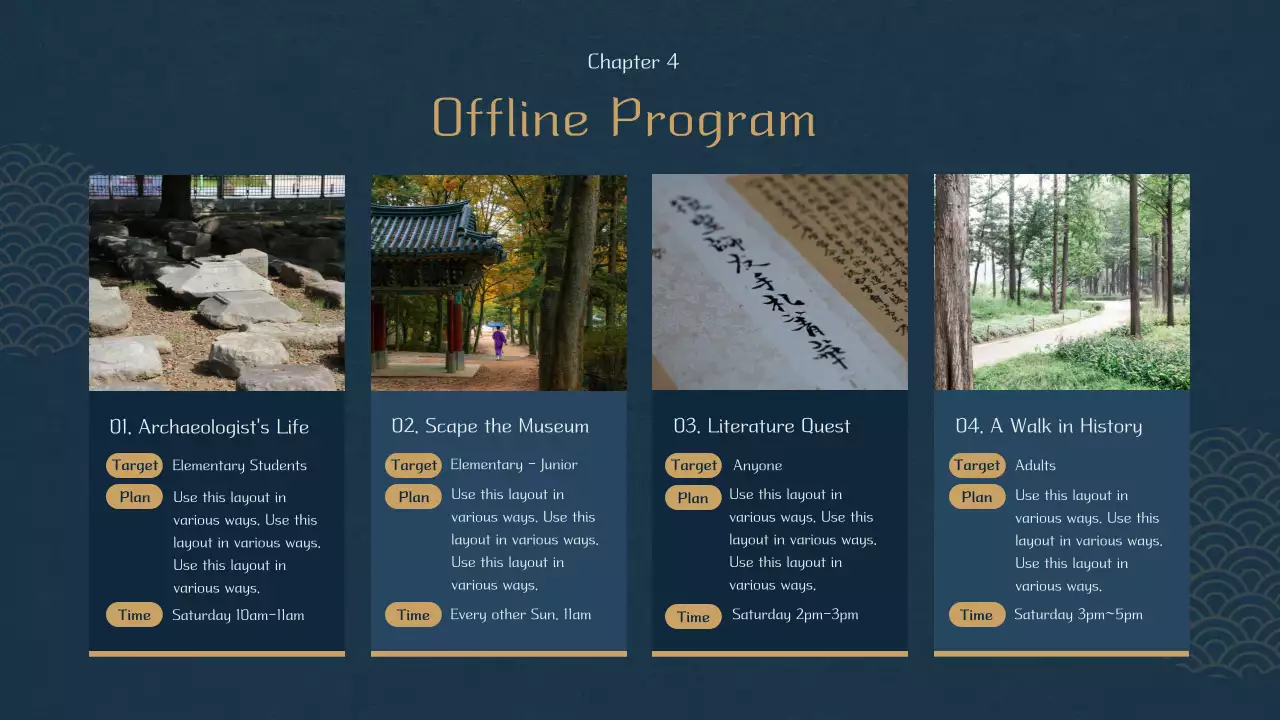 Blue oriental themed museum program plan