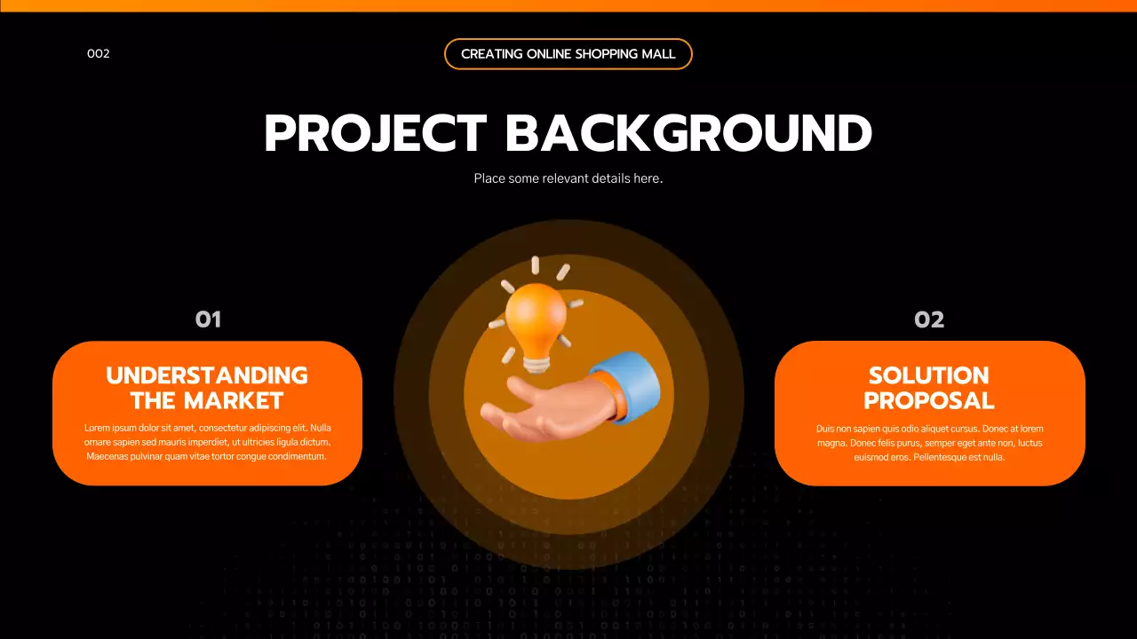 Present a black and orange, engineering-inspired, simple project brief