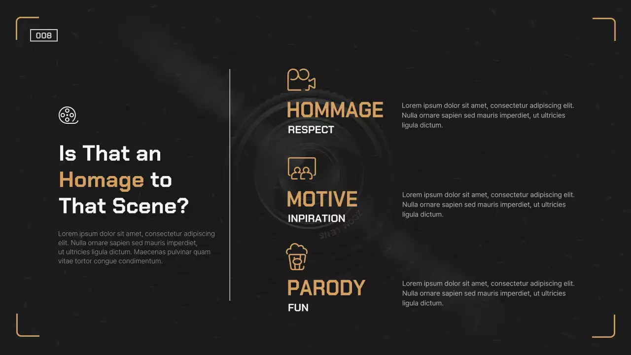 Clean cinematic terminology classroom with a black and orange camera feel