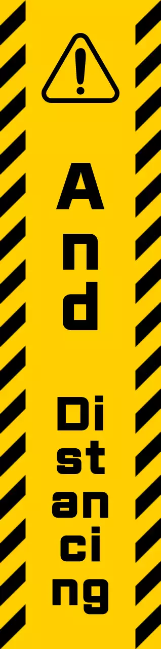 Ikon yang sederhana, bersih, dan gaya kombinasi teks berwarna kuning dan hitam Jaga jarak peringatan