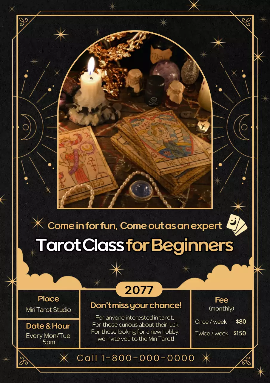 Tarot class announcement with gold lines on a black background