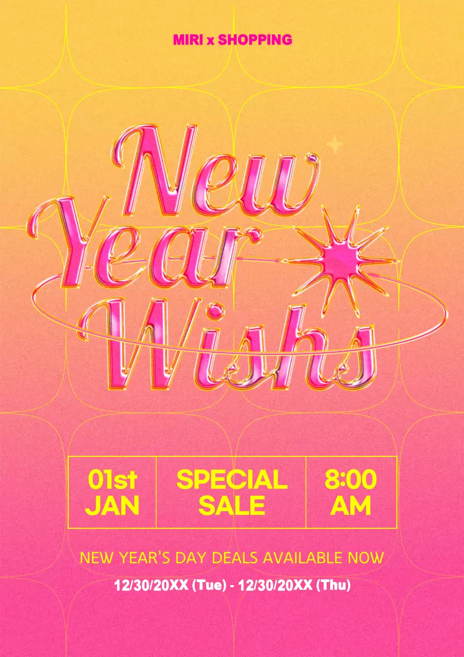 Three-dimensional glass lettering New Year poster in pink and yellow