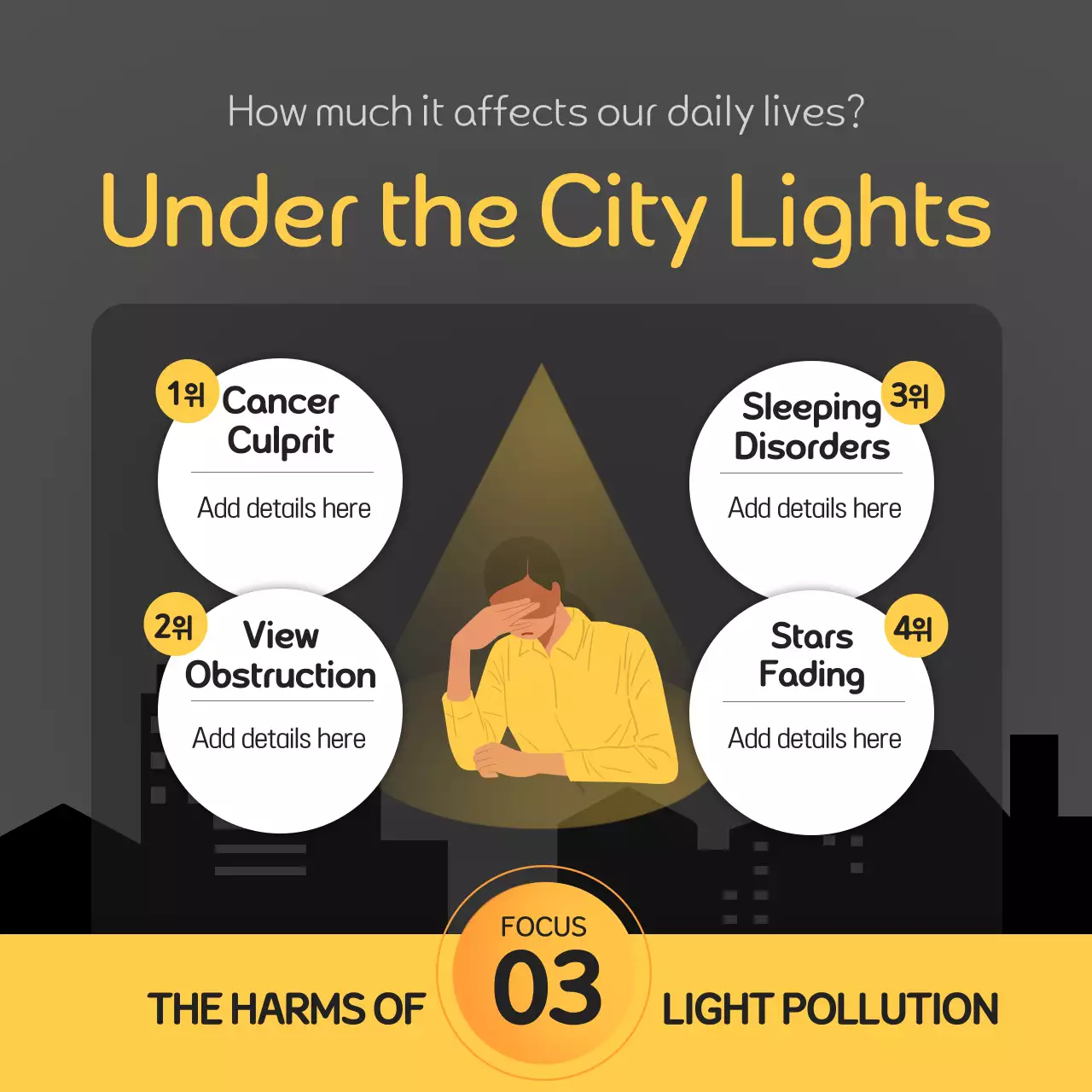 Neat and detailed light pollution prevention campaign information in black and yellow point colors