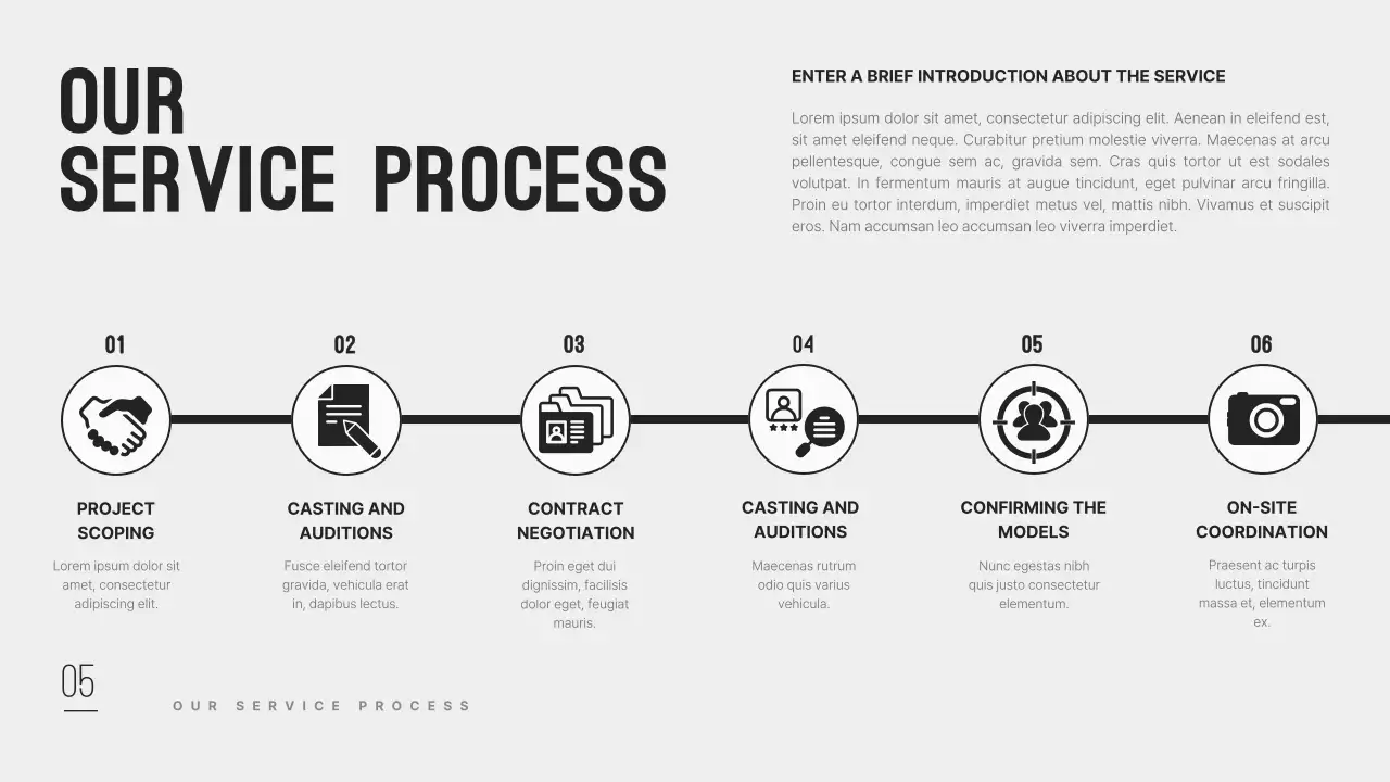 A clean and modern modeling agency company profile in black.