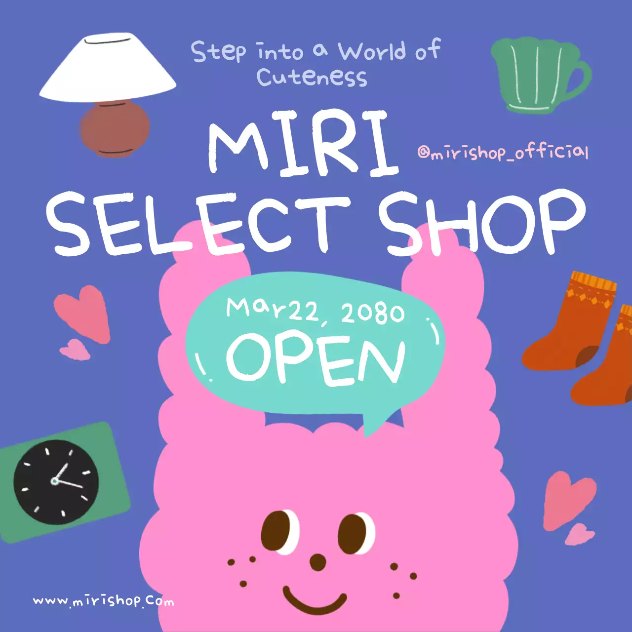 보라색과 핑크색의 캐릭터 일러스트가 담긴 귀여운 소품샵 홍보용