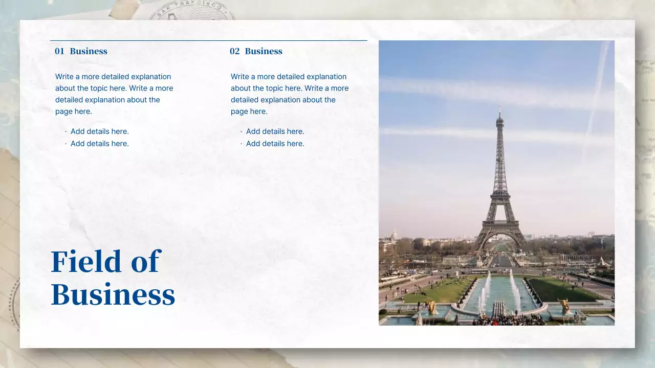 A blue and pastel, postcard-esque travel agency introduction