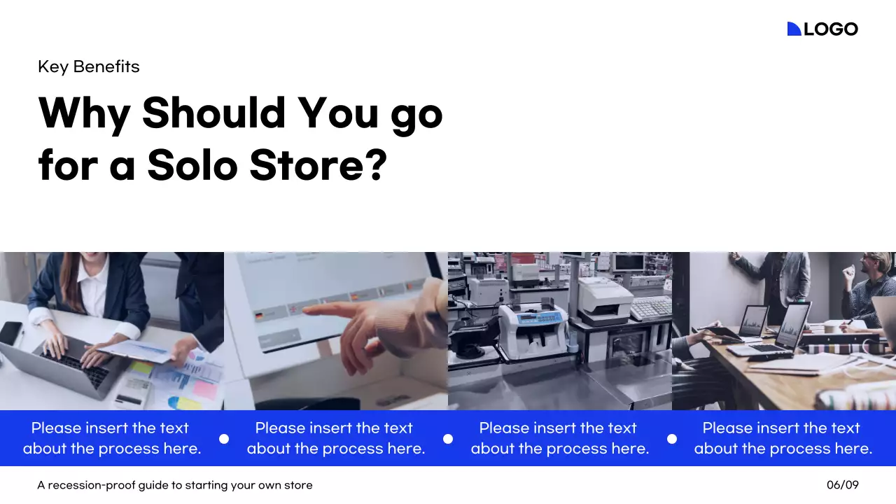 A guide to starting a store with white, blue, and black colors and a grid layout.