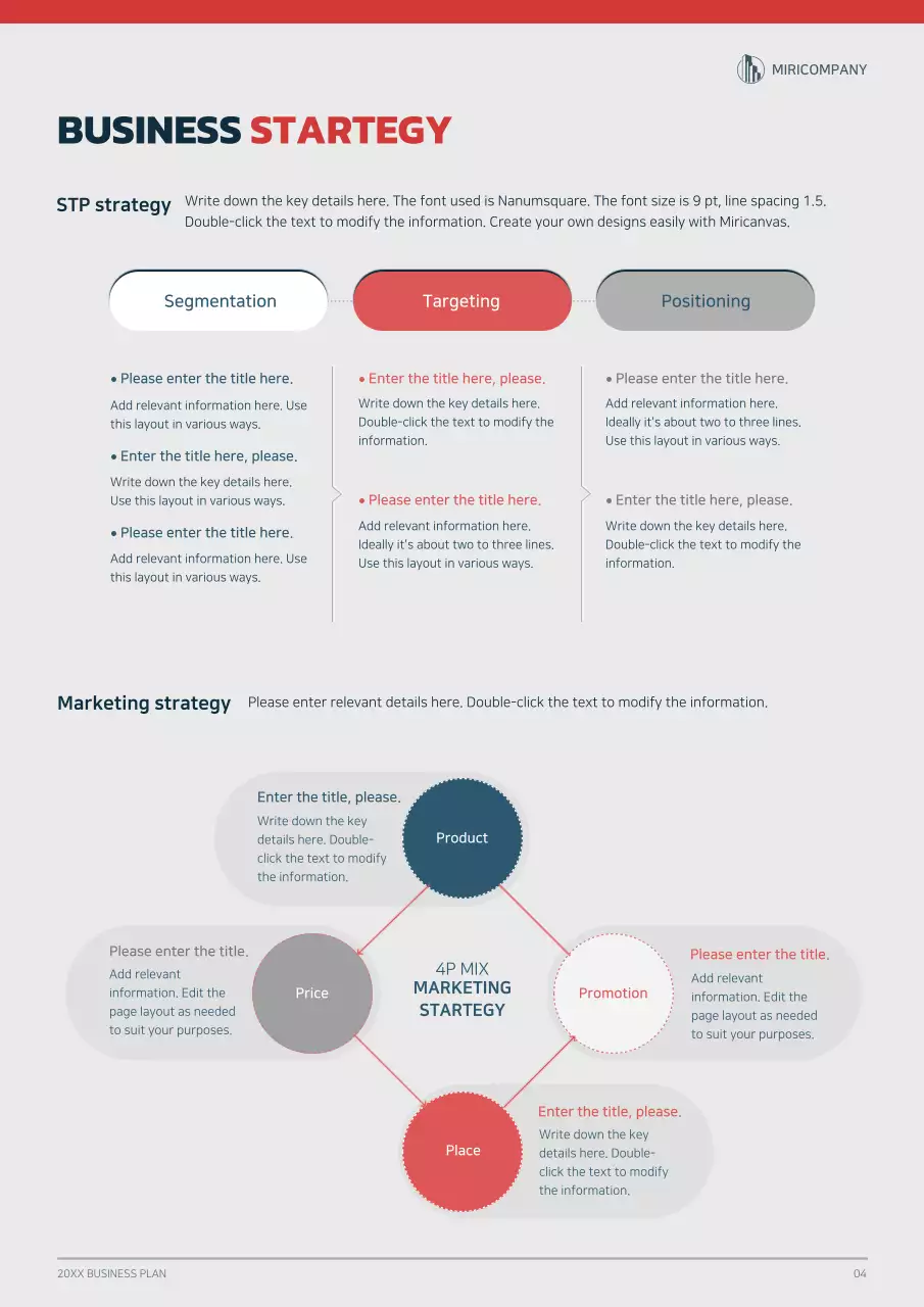 Graphic concept business plan with navy blue and red colors