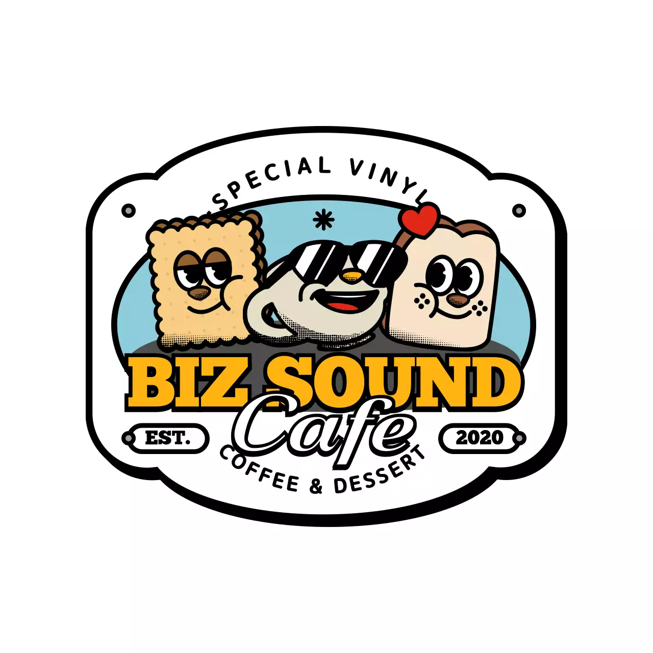 A series of cute and hip character logo-style cafe merchandise in yellow and black.