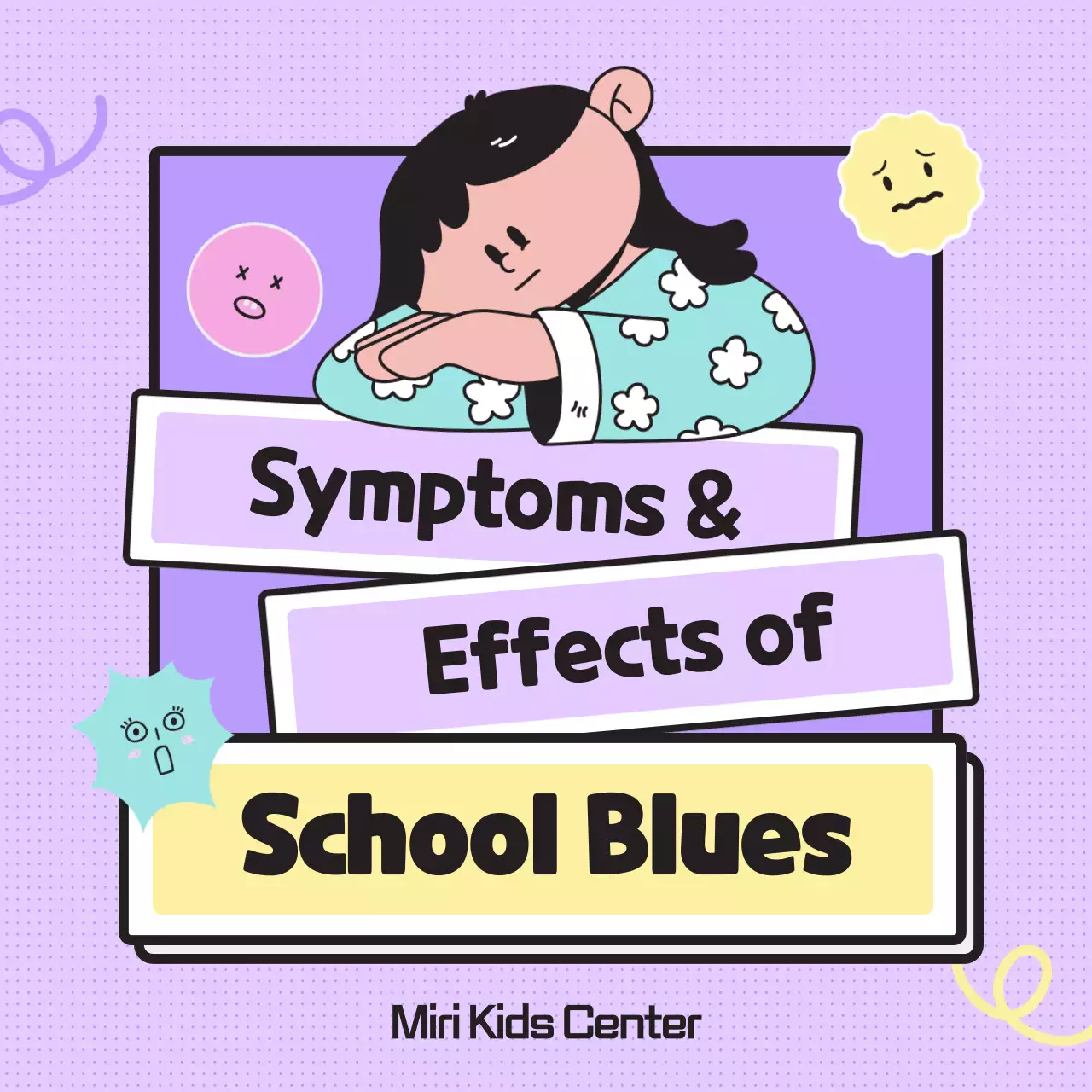 Provide information on new semester syndrome using simple pastel-toned illustrations and emoticons