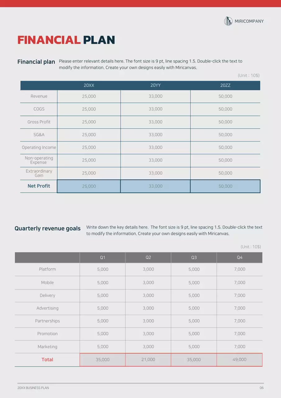Graphic concept business plan with navy blue and red colors
