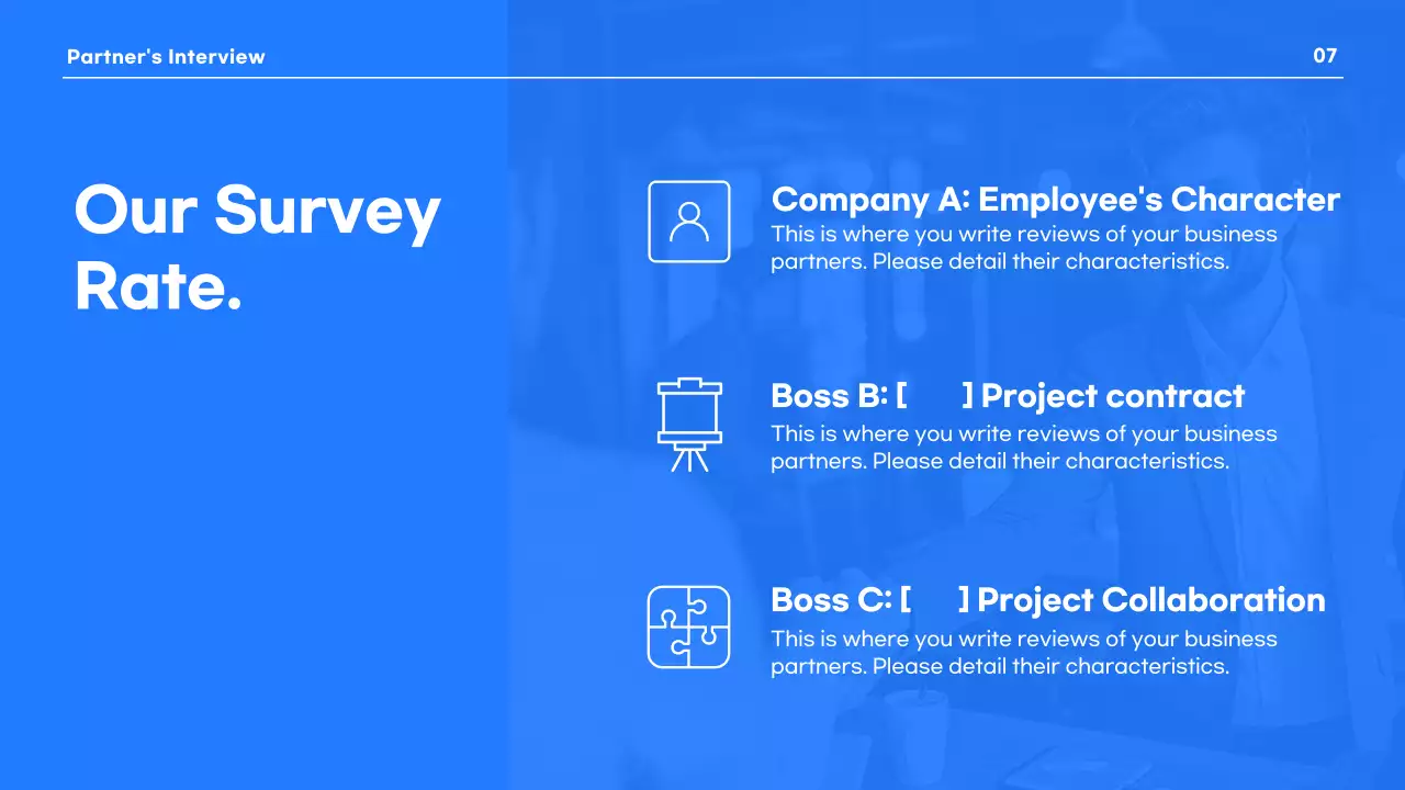 A modern business presentation in blue and white.