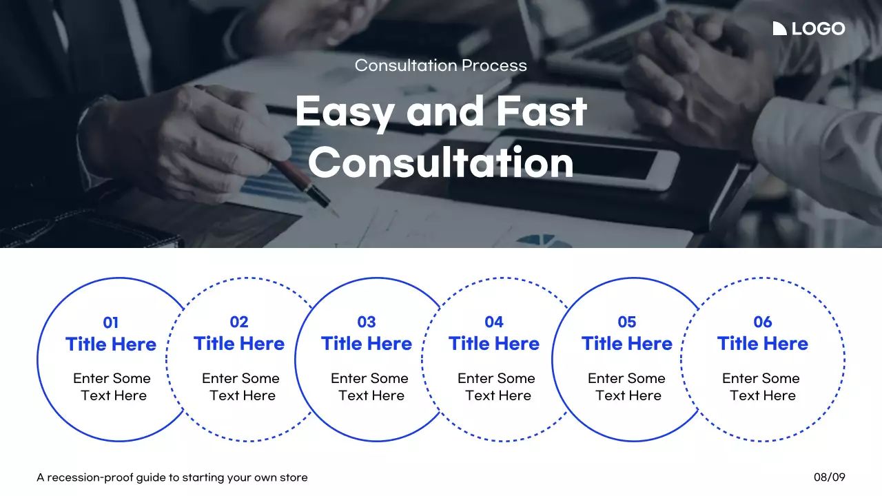 A guide to starting a store with white, blue, and black colors and a grid layout.