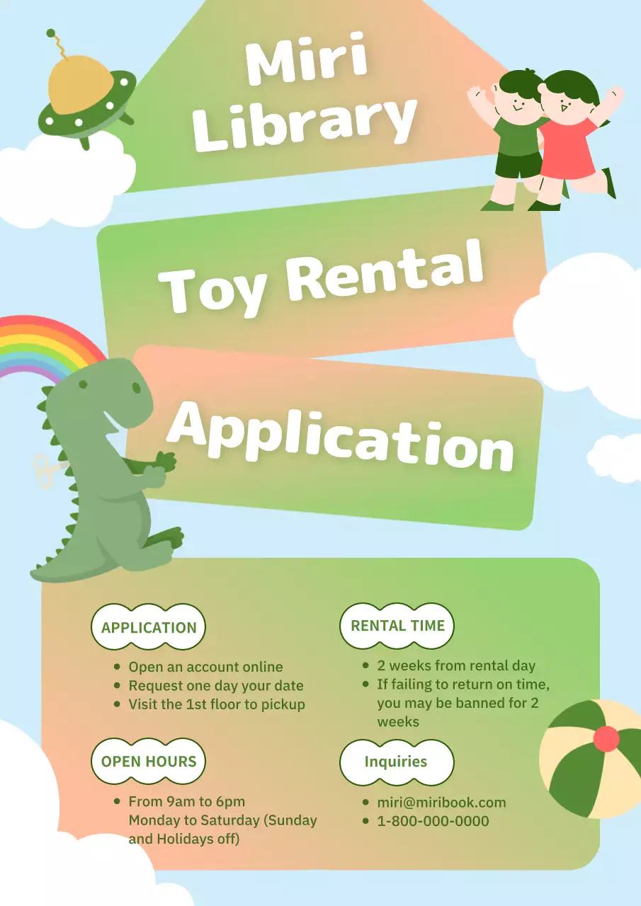 Cute toy rental guide with green and orange gradient colors