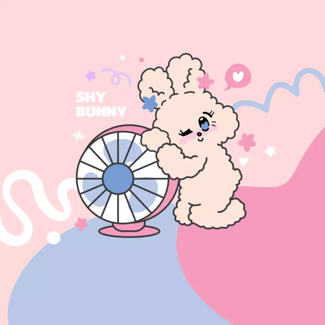 Personalized merchandise with cute bunny characters and fan illustrations in pink and pastel colors.