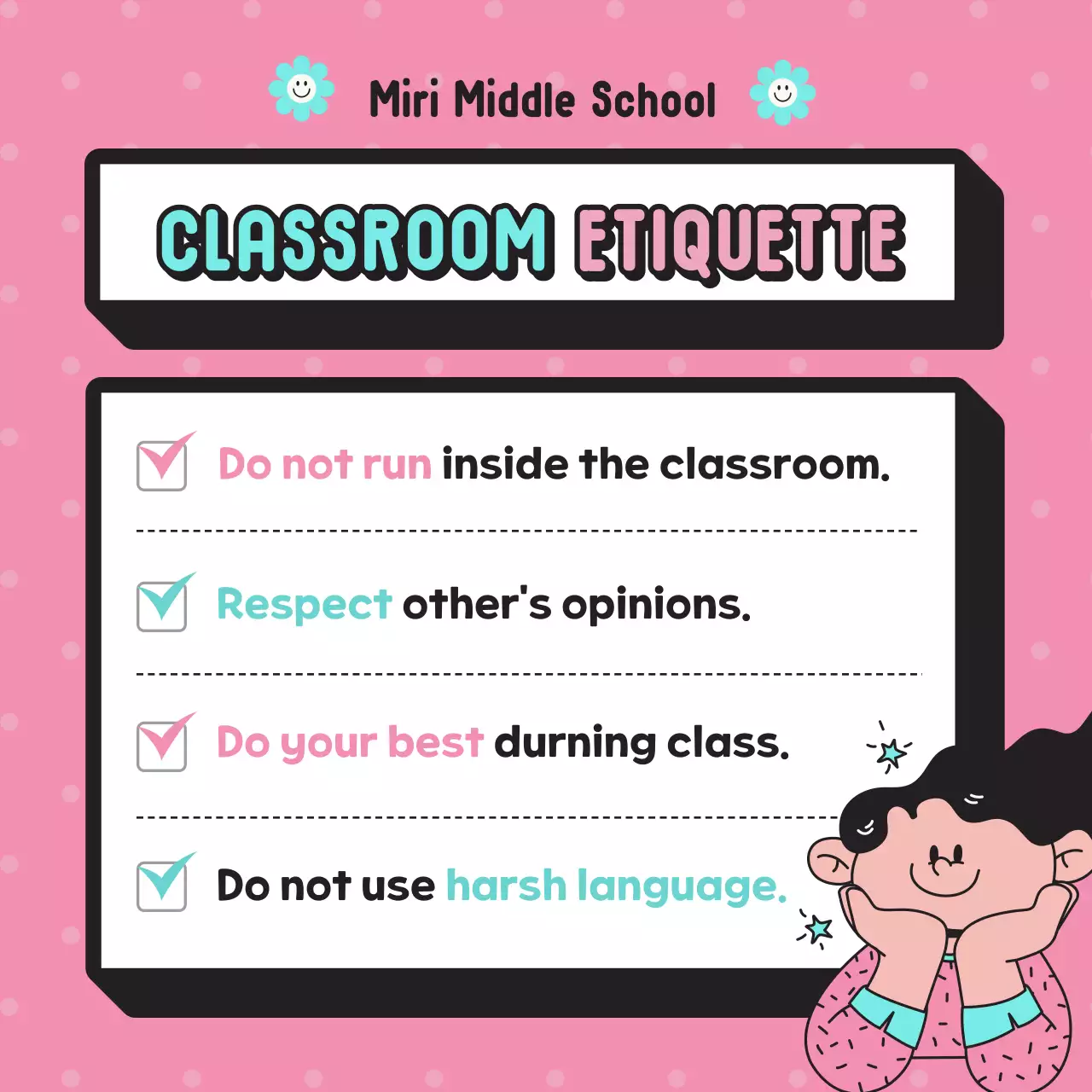 Cute elementary school notice in blue point color on pink dot background