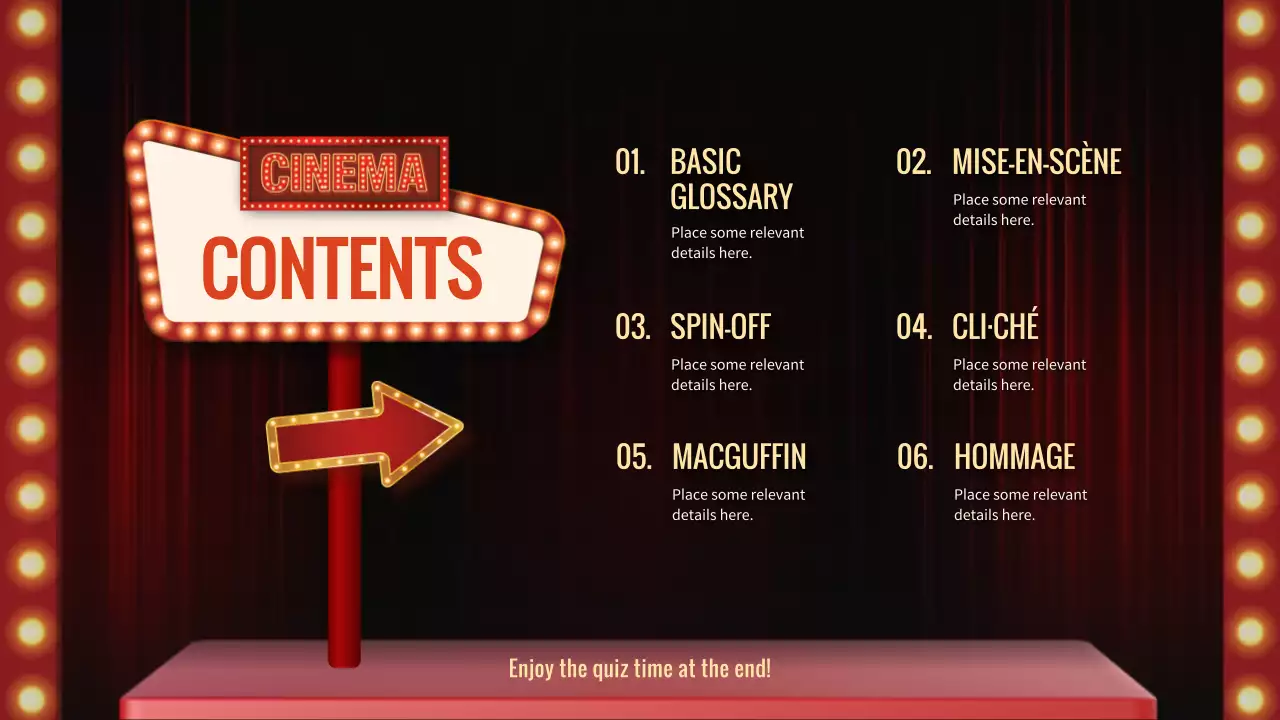 Memperkenalkan terminologi film dengan tanda merah dan konsep panggung teater yang penuh warna