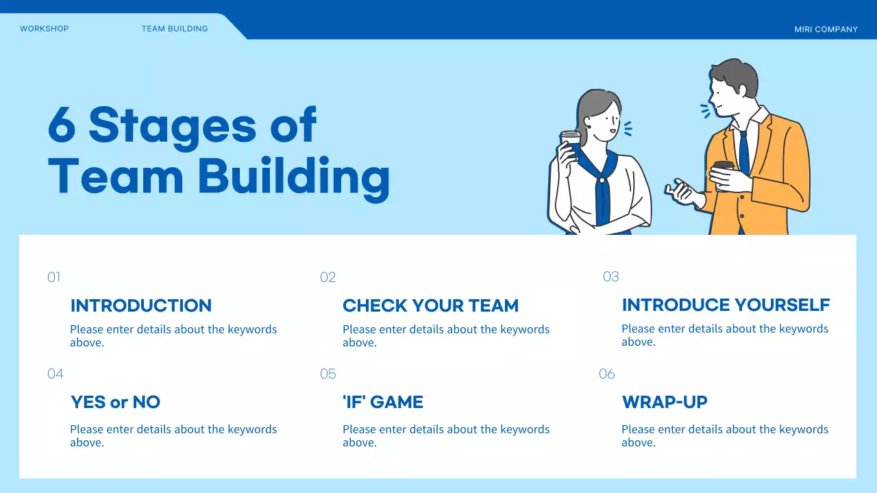 Team building workshop highlighting illustrations in blue and yellow