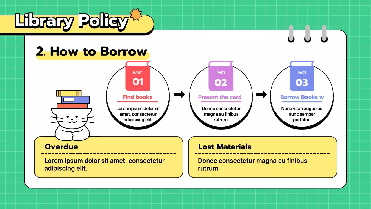 초록색과 노란색 귀여운 깔끔한 그리드의 도서관 교육용 메뉴얼