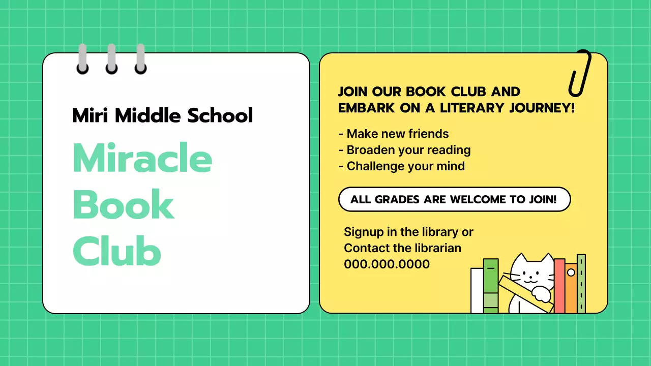 초록색과 노란색 귀여운 깔끔한 그리드의 도서관 교육용 메뉴얼