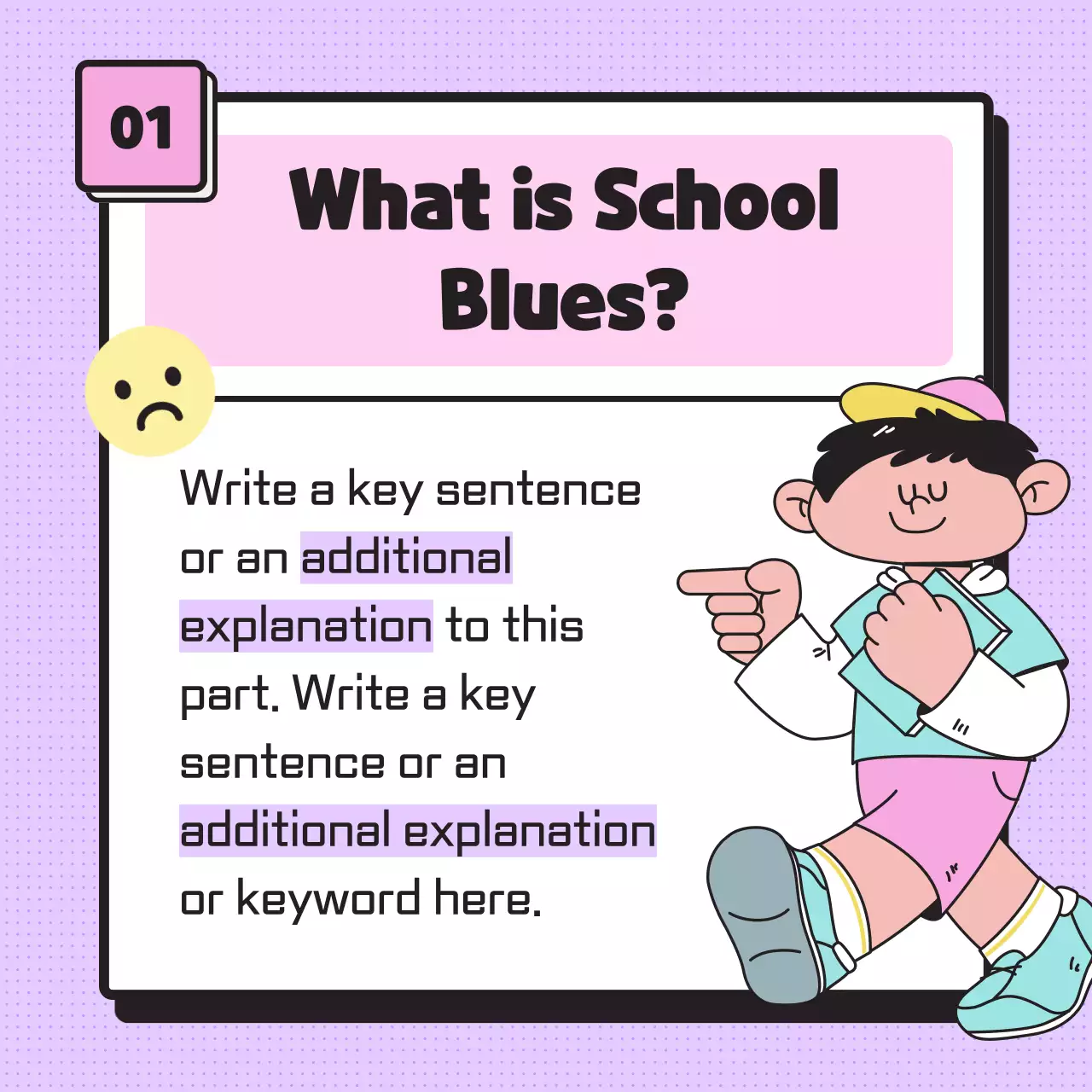 Provide information on new semester syndrome using simple pastel-toned illustrations and emoticons