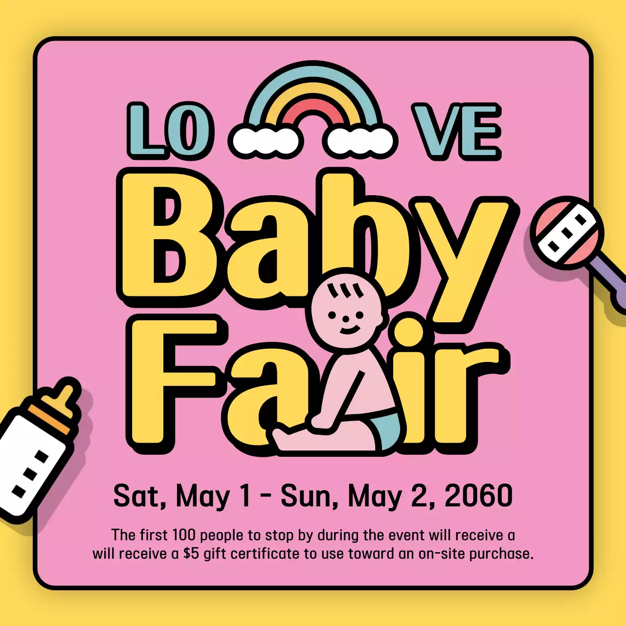Promote a baby fair in a cute pink and yellow style