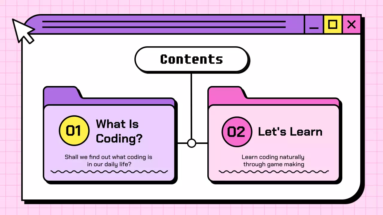 보라색 인터넷 브라우저 컨셉의 귀여운 초등학교 코딩 교육자료